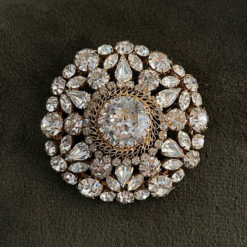 Vintage Made In Austria Clear Rhinestone Filigree Prong Large Snowflake Brooch